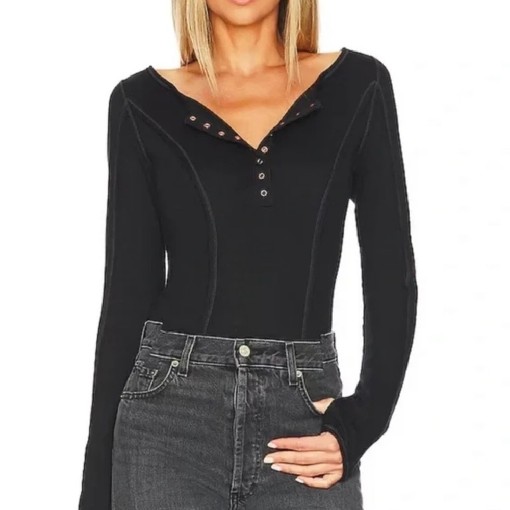 Free People Intimately Black Long Sleeve Button Thermal Sloane Bodysuit - Picture 2 of 12